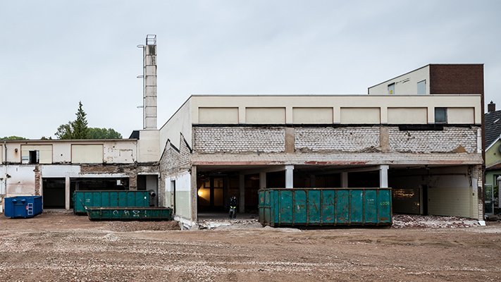 Rückansicht der alten Schokoladenfabrik vor ihrem Umbau.